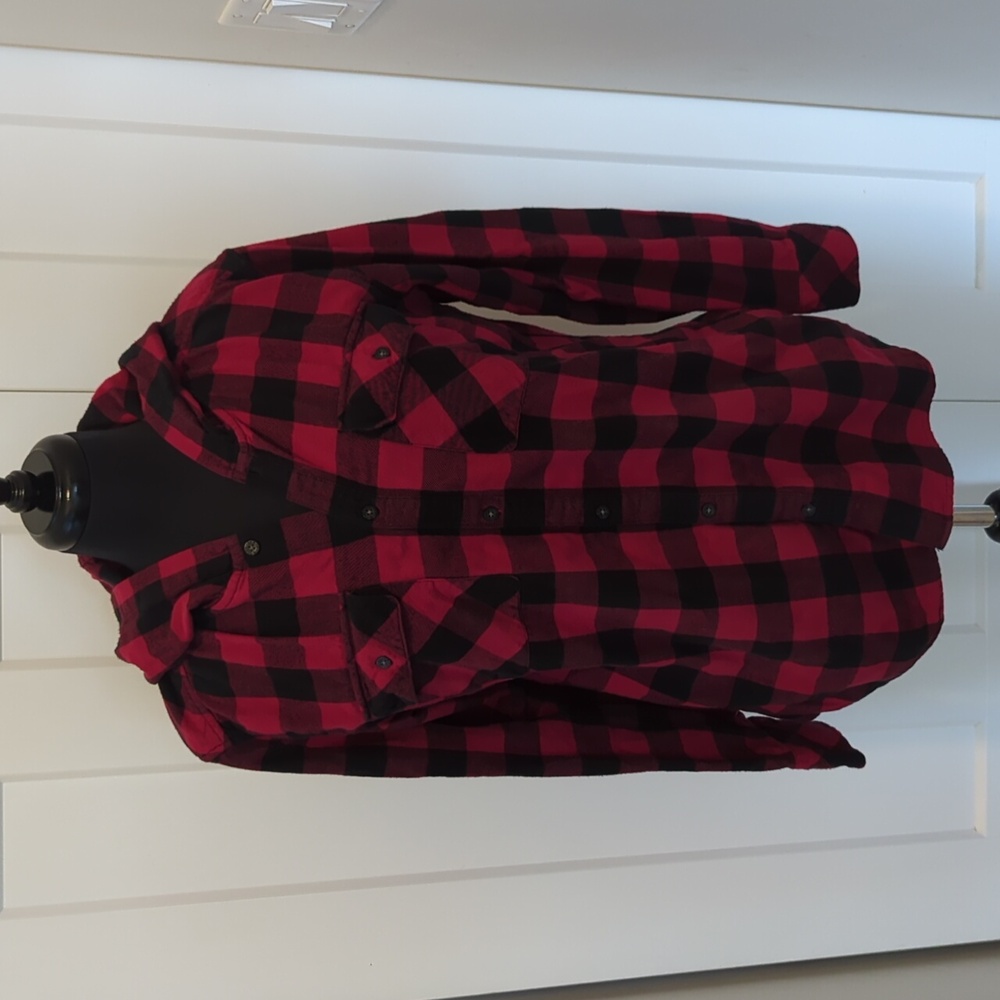 TNA size medium boyfriend fit red and black plaid button up hooded shirt